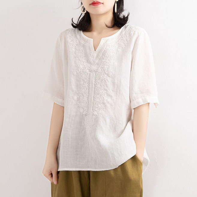 棉麻 V領短袖上衣 重工刺繡 復古寬鬆大尺碼女裝