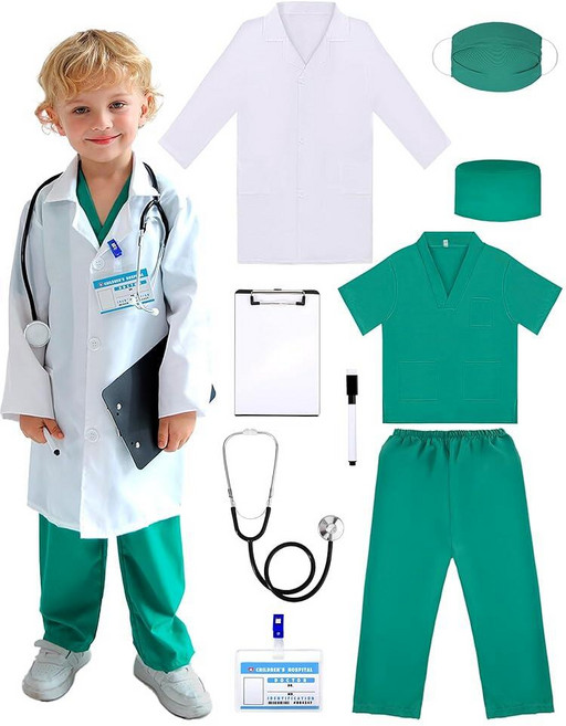 Liberry 만 3 4 5 6세 아동용 의사 코스튬 간호사 수술복 및 실제 청진기 포함 유아 드레스 업 의류 남아 여아용 역할 놀이 의사 키트 선물, Liberry 만 3, 4, 5, 6세 아동용 의사 코