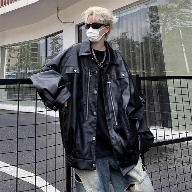 FANSYLI 봄가을 캐주얼 가죽자켓 남성 멋쟁이 오버핏 가죽 코트 멋쟁이 pu 가죽 라이더 자켓 W2508A03