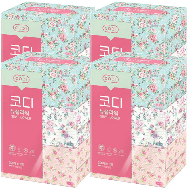 코디 뉴플라워 천연펄프 미용티슈 250매, 일반, 4세트