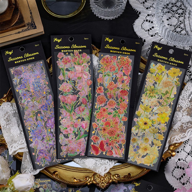 올리브파티 홀로그램 플라워 빈티지 감성 다꾸 스티커 3매 x 4종 세트, 시즌스블로섬시리즈