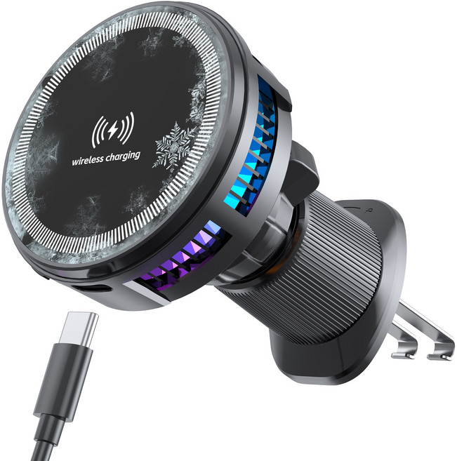 RUN기술 차량용 맥세이프 15W 고속 무선충전 거치대 송풍구형, 1개, 블랙