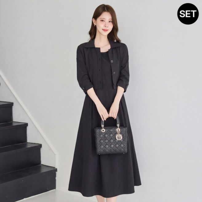 [모리스커밍홈] [SET]크롭 자켓 플레어 롱 원피스 세트_M2603SE026B