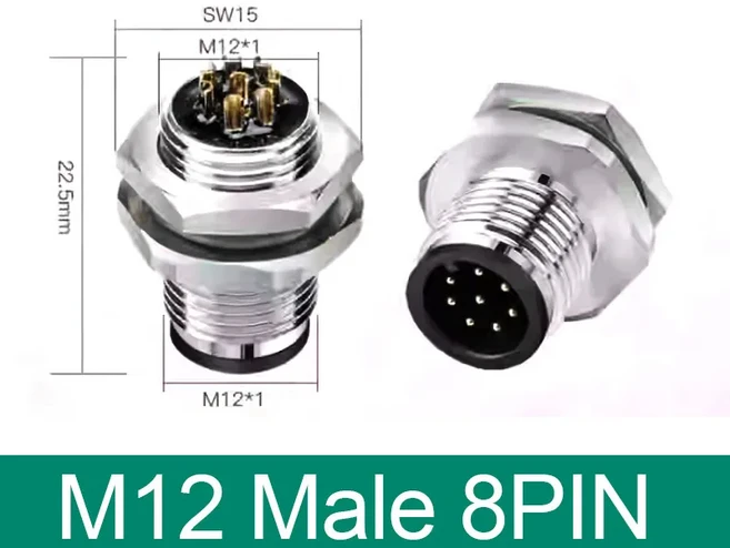 M12 패널 마운트 커플 센서 소켓 플랜지 스레드 방수 여성 M1216 나사 8PIN 남성 커넥터, M12 Male 8pin, 1개