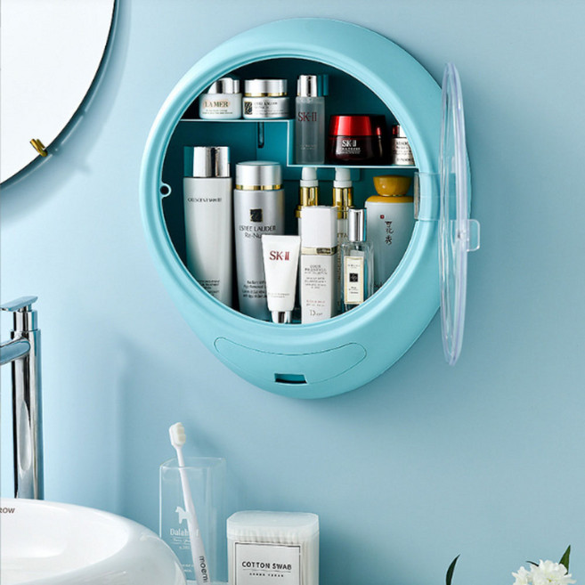 간편설치 벽걸이 화장품 정리함/다용도/수납함/선반/욕실/주방/화장대/뚜껑/무타공, 벽걸이화장품정리함-스카이, 1개