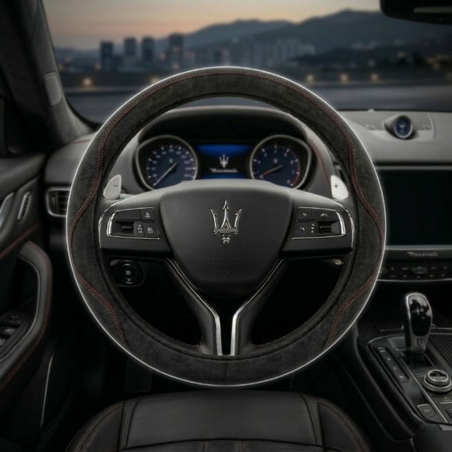 앰버리 논슬립 떡그립 프리미엄 스웨이드 차량용 핸들커버, 블랙