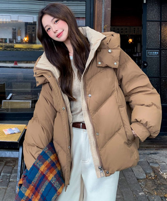[루씨앤] 바드린 후드 긴팔 미디 여성패딩 겨울 롱 솜털 루피핏 빅사이즈 6306