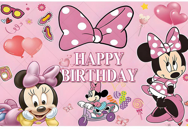 생일 축하 미키 미니 배경 핑크 반짝이 활 장식 샤워 파티 사진 배너 소품, 1개, 8. BW0211 / L. Polyester 18...