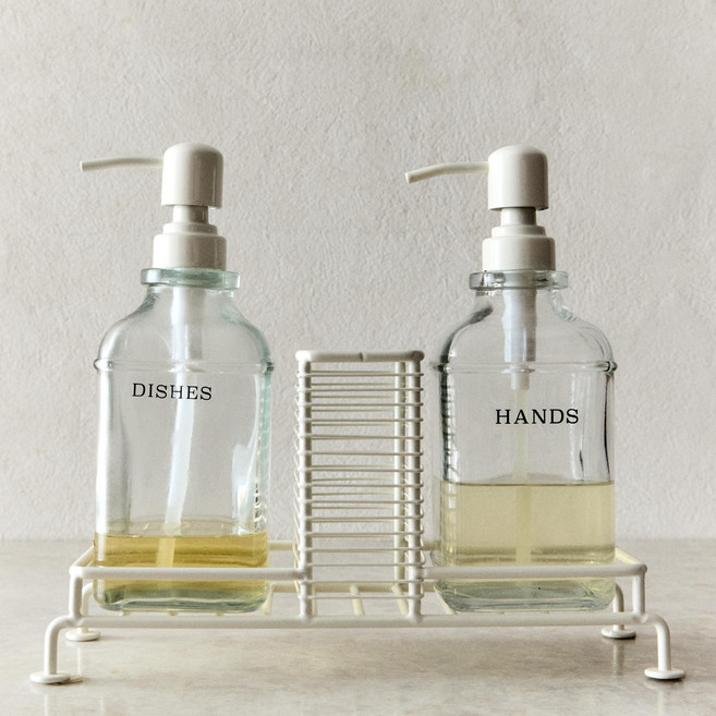 주방 세제통 디스펜서 세제용기 공병 290ml 2P 거치대 세트, 화이트
