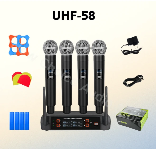 무선 마이크 핸드헬드 4채널 UHF 고정 주파수 다이나믹 마이크 (노래방 결혼식 파티 밴드 교회 공연용), 01 UHF58-US Plug