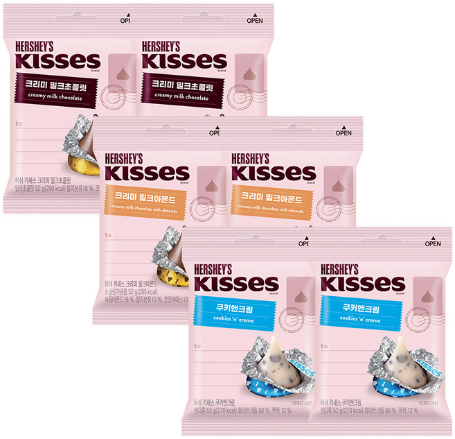 허쉬 키세스 봉 밀크 52gX2개 + 아몬드 52gX2개 + 쿠앤크 52gX2개, 롯데웰푸드 허쉬 키세스 봉 밀크 52gX2개 + 아몬드, 1세트, 312g