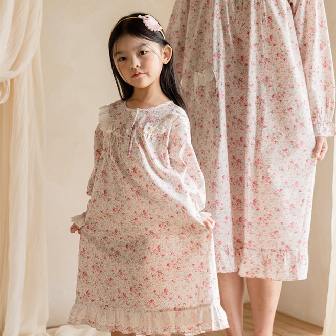 여아동 국내산 순면 60수 들꽃 긴팔 잠옷 원피스 WDF06