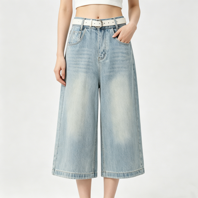 NUNUHANA 여성 루즈핏 빈티지 7부 청반바지 데일리 캐주얼