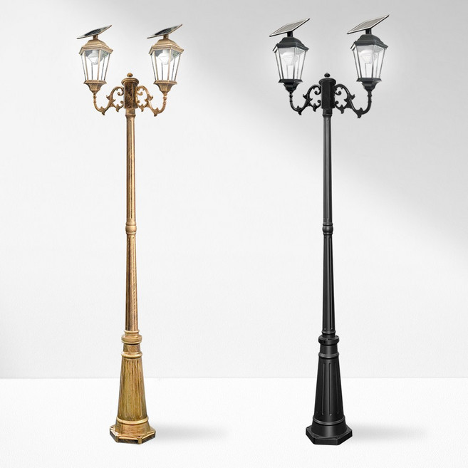 나눔조명 태양광 가로등 엔틱 태양열 조명 LED 정원등 야외조명, 2구 투명 육각등, 1.8m, 황동색(흰빛)