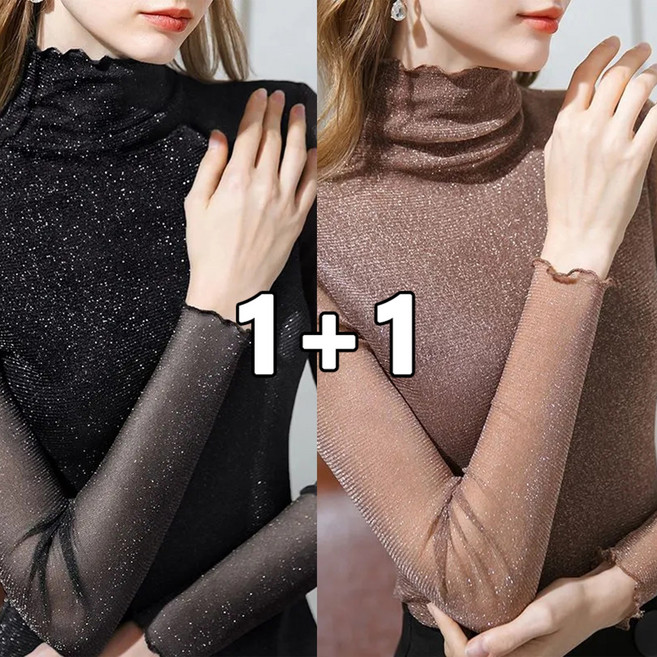 꽃소담 1+1 여성 샤이닝 시스루 반목티 망사 블라우스 긴팔티셔츠 이너티 MXP26A146