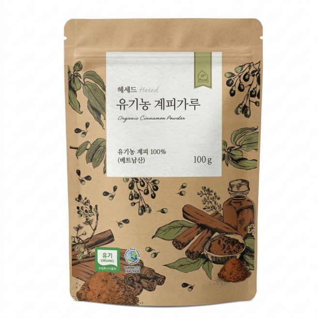 헤세드 유기농 YB1등급 계피가루 리필 파우치, 1개, 100g