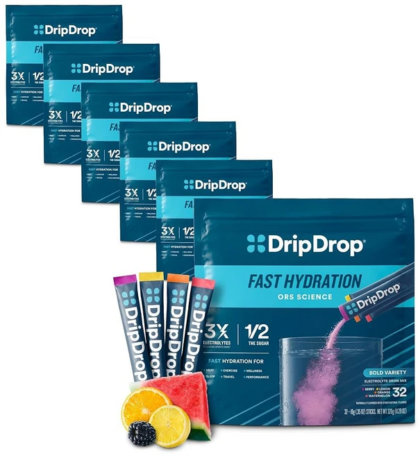 드립드롭 수분 공급 패킷 - 대담한 버라이어티 팩 1회용 전해질 분말 음료 믹스 수박 베리 레몬 오렌지 비유전자변형식품 글루텐 프리 비건 32가지 스틱, 32 Servings (Pack of 6), 320g, 1개 - 쿠팡