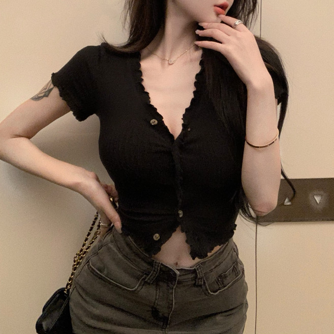 예쁨시전 물결셔링 딱붙 크롭 브이넥 반팔 버튼 골지 티셔츠