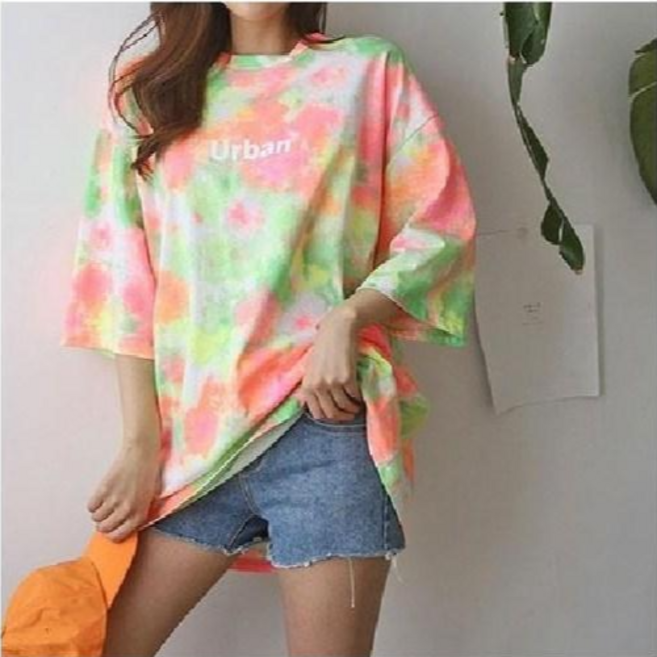 여성용 오버핏 물나염 레터링 여름티셔츠 7부소매
