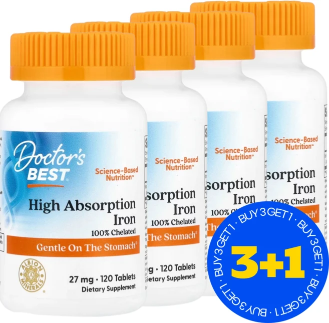 3+1 닥터스베스트 고흡수율 철분 보충제 Ferrochel 함유 27mg 120정 글루텐 프리 / 해외직구 미국정품, 4개 - 쿠팡