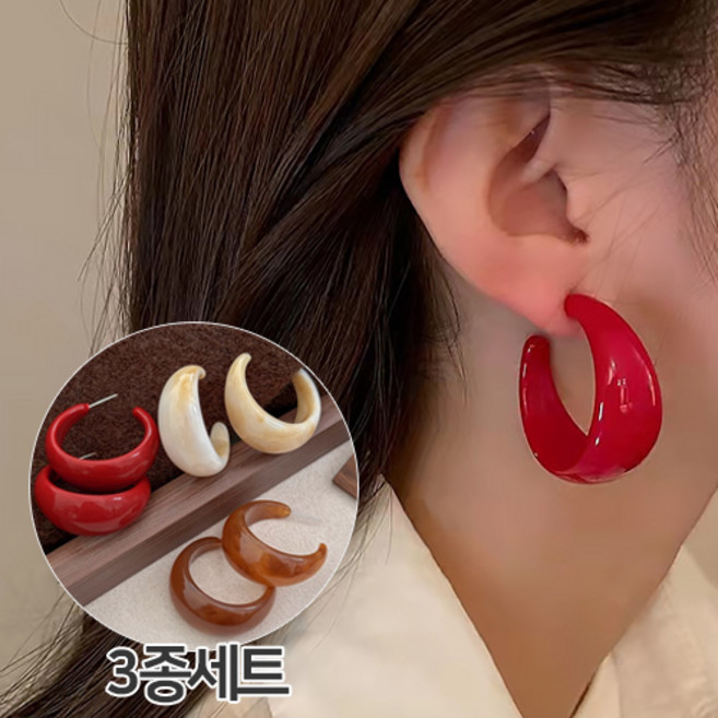 심플 데일리 마블 볼륨 C형 링 귀걸이 3종 세트 A543