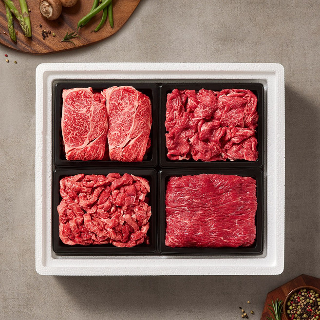 [국제식품]1+등급 한우 선물세트 혼합 2호 1.6kg(등심1팩+불고기1팩+국거리1팩+산적1팩), 1세트