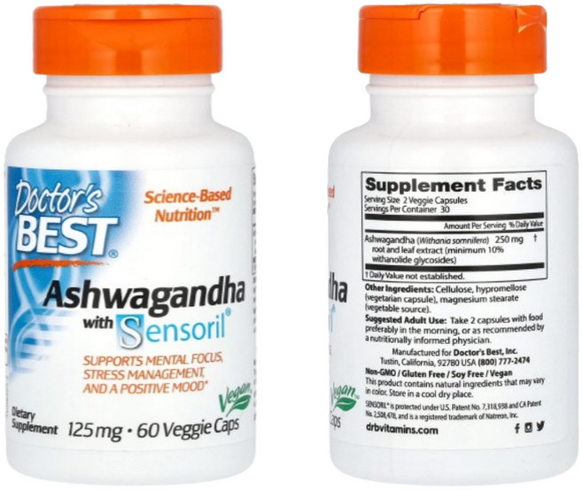 Doctor's Best Ashwagandha Sensoril 아쉬와간다 125mg 60정, 1개