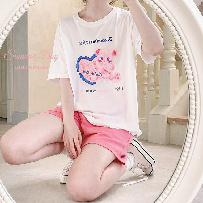 티레오 여름티셔츠 여성용 반팔티 큐티 핑크 곰돌이 프린팅티셔츠 오버핏 빅사이즈 캐주얼 순면 상의