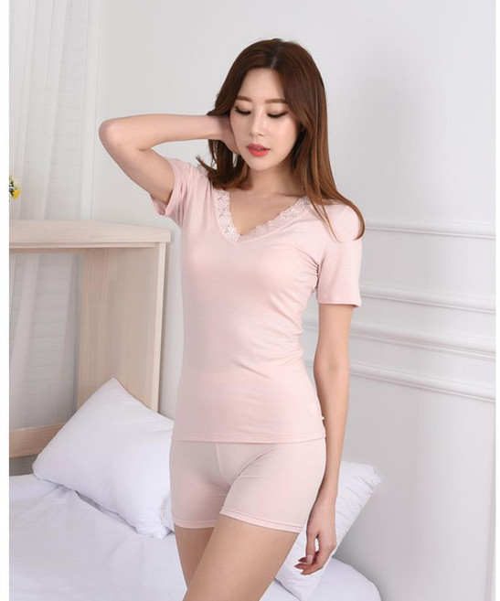 국산 자연섬유 텐셀 레이스 브이라인 3부 상의 여성용 러닝 직장인