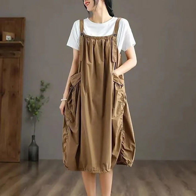 ROYALBELLE 여성 셔링 포켓 미디 빅 사이즈 루즈핏 캐주얼 멜빵 원피스