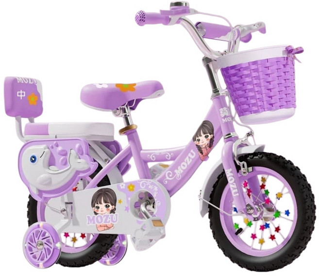 MOZU 兒童腳踏車，附輔助輪與置物籃, 芭比紫閃光輪, 1個, 14寸