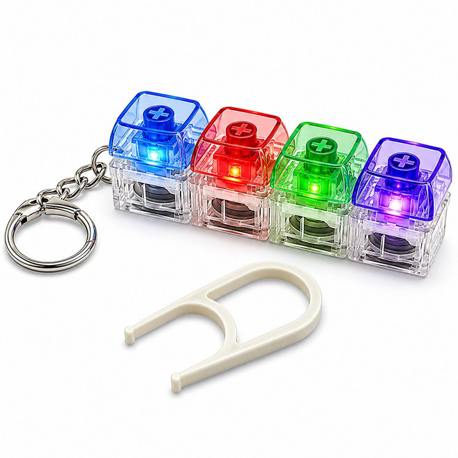 티놀지 4구 LED 기계식 키보드 키링 딸깍이 키캡 키체인 열쇠고리, 1개, 칼라
