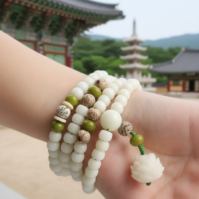 르브아 백옥 보리수 염주 108 합장주, 1개, 하얀 백련