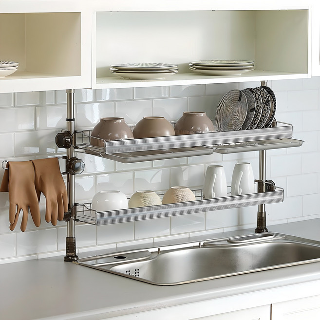 하이라인 알루미늄 기둥식 식기건조대 800 싱크선반, 2단, 블랙, 1개