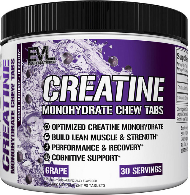 EVLUTIONNUTRITION 크레아틴 모노하이드레이트 그레이프 츄어블 타블렛, 1개