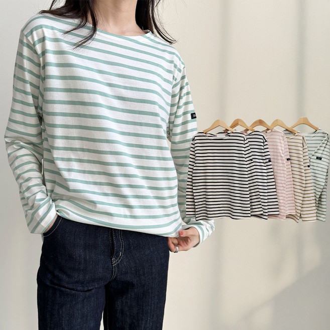 뮤앤뮤즈 클래식 여성 봄 가을 긴팔 스트라이프 티셔츠