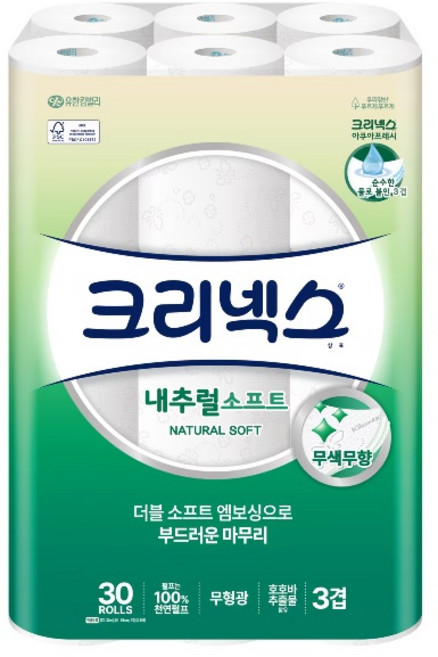 크리넥스 3겹 내추럴 소프트 화장지, 30롤, 1세트, 30m