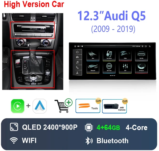 QLED 스크린 안드로이드 14 아우디 Q5 2009-용 무선 카플레이 HD GPS 네비게이션 탑재 차량용 비디오 멀티, 01 H 4G-64G CAM