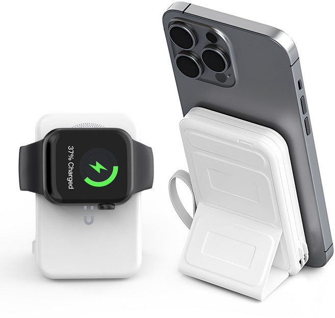 맥세이프 보조배터리 무선 고속충전 4in1 거치대 분리형 케이블 일체형 PD22.5W 초경량 10000mAh, 화이트