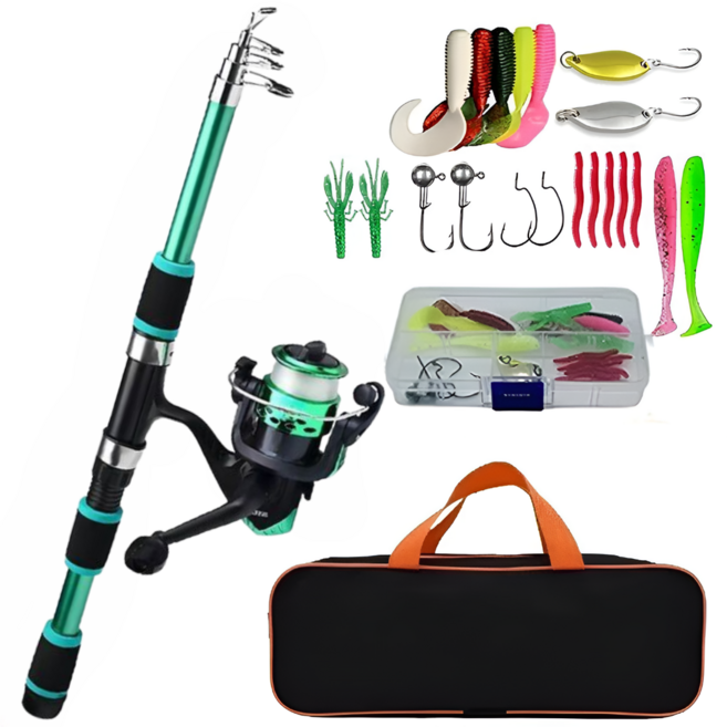 에버픽 입문 초보 민물 바다 배낚시 낚시대 릴 미끼 낚시대+루어/채비세트+낚시가방 풀세트, 1세트, 그린 (낚시대 + 채비세트 + 가방)
