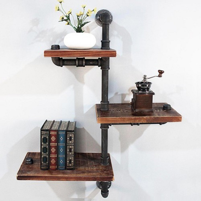 핸즈홈 파파메이드 조립식 파이프 벽 선반 E 진열장, 스테인+빈티지블랙, SS(HH-314), 3단