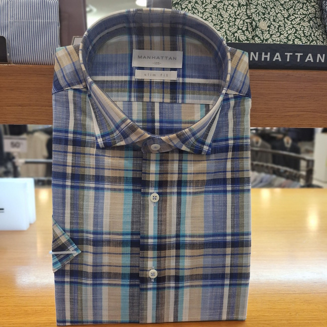 맨하탄동아강북 초특가15000 코튼100% 믹스 블루 타탄 체크 반팔 여름 슬림핏 셔츠&남방 M27C6012 믹스블루