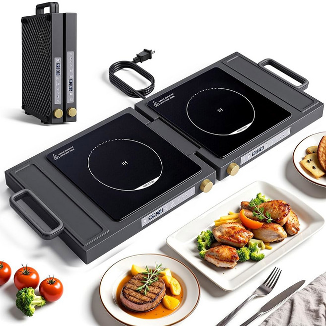 코바 더블 인덕션 쿡탑 1800W 휴대용 듀얼 버너 8가지 파워 레벨 센서 터치 컨트롤 및 99분 타이머 접이식 N 스토어 디자인으로 RV 소형 주방 실외 요리 회색