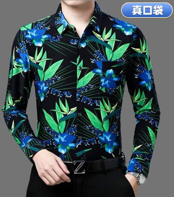 男士長袖花襯衫 時尚滿印花 修身免燙, 1個, 滿印綠竹葉170/88A 110-130斤
