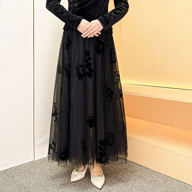 植絨網紗半身裙 A字版型 720度大裙擺 中長紗裙