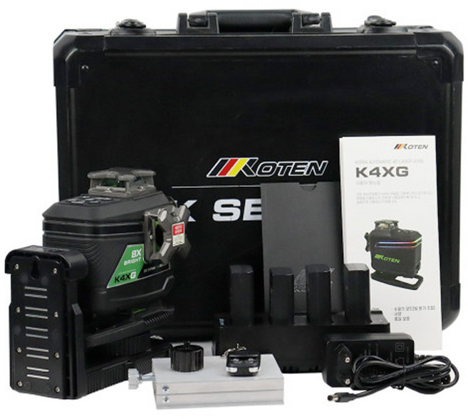 코텐 전자식 4D 그린 레이저 레벨기 풀세트 K4XG 측정기 수평 수직 자동보정, 1개