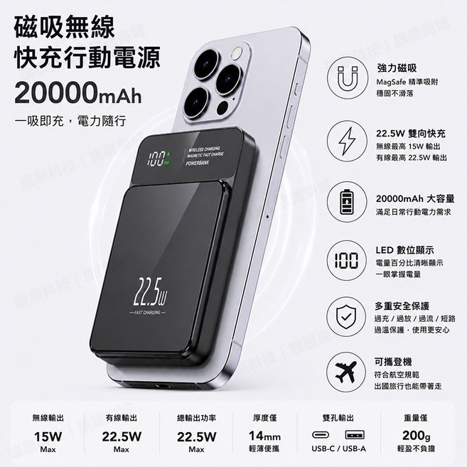 20000mAh 磁吸行動電源 無線磁吸 移動電源 Type-C PD 快充行動充 無線充 快充行充帶上飛機, 紳士黑【有線22.5W+無線磁吸15W】, 紳士黑