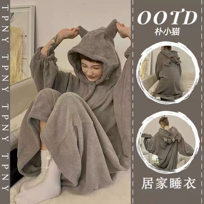 天使與惡魔睡衣女冬季珊瑚絨套裝加厚加絨睡袍冬款大碼睡裙家居服