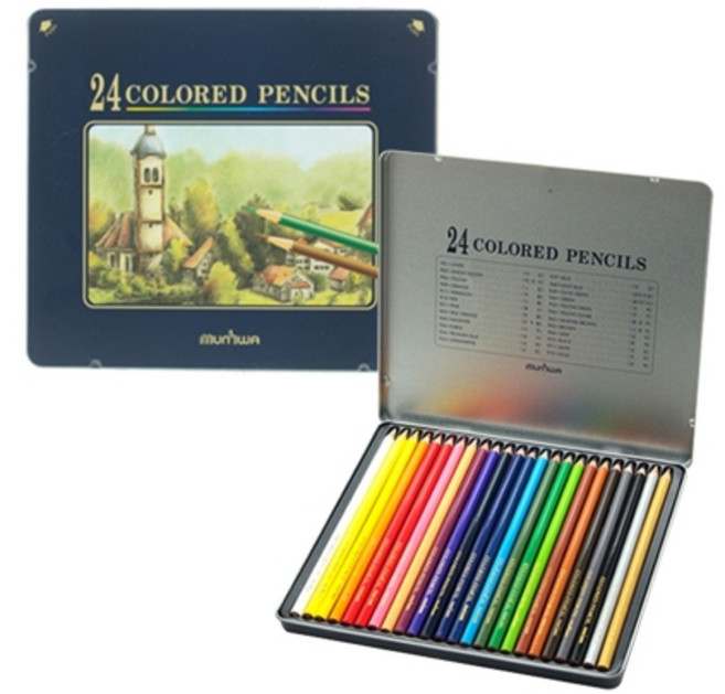 문화연필 넥스프로 고급 유성색연필 24색 틴케이스-갑(6개입)