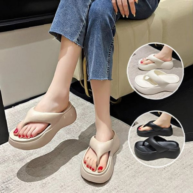 여성용 솔리드 컬러 6cm 키높이 쪼리 슬리퍼 플립플랍 여름 해변 데일리 신발